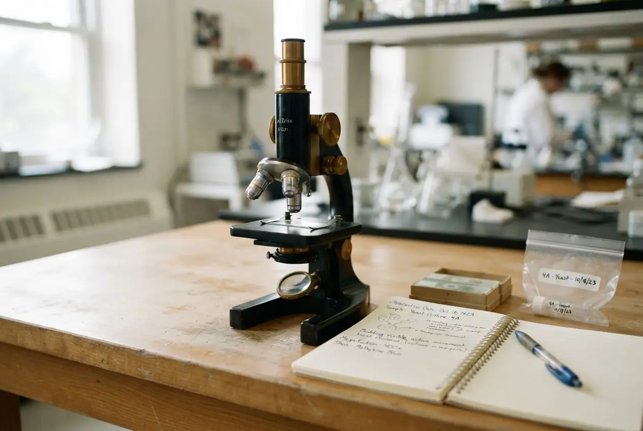 A microscope and lab notebook on a clean laboratory bench