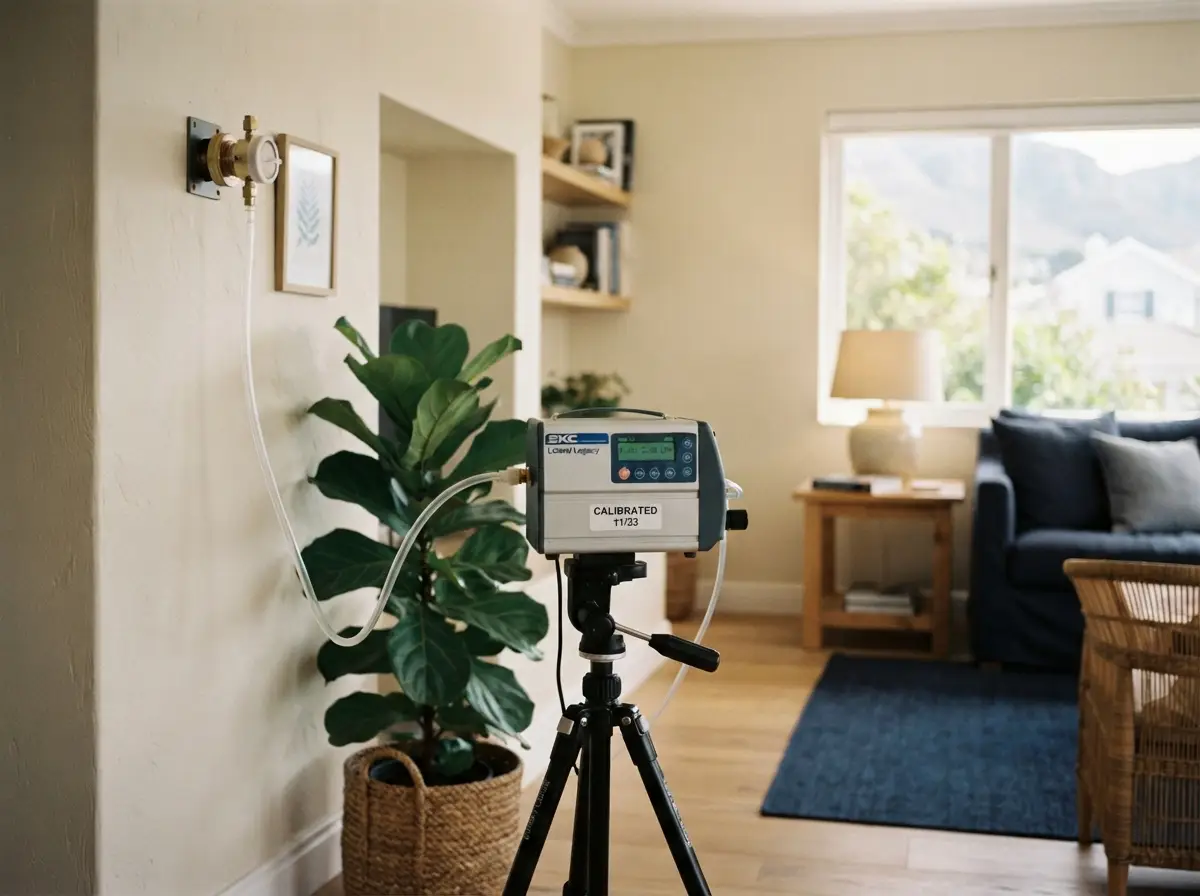 Calibrated volumetric air-sampling pump running in a Pretoria home interior