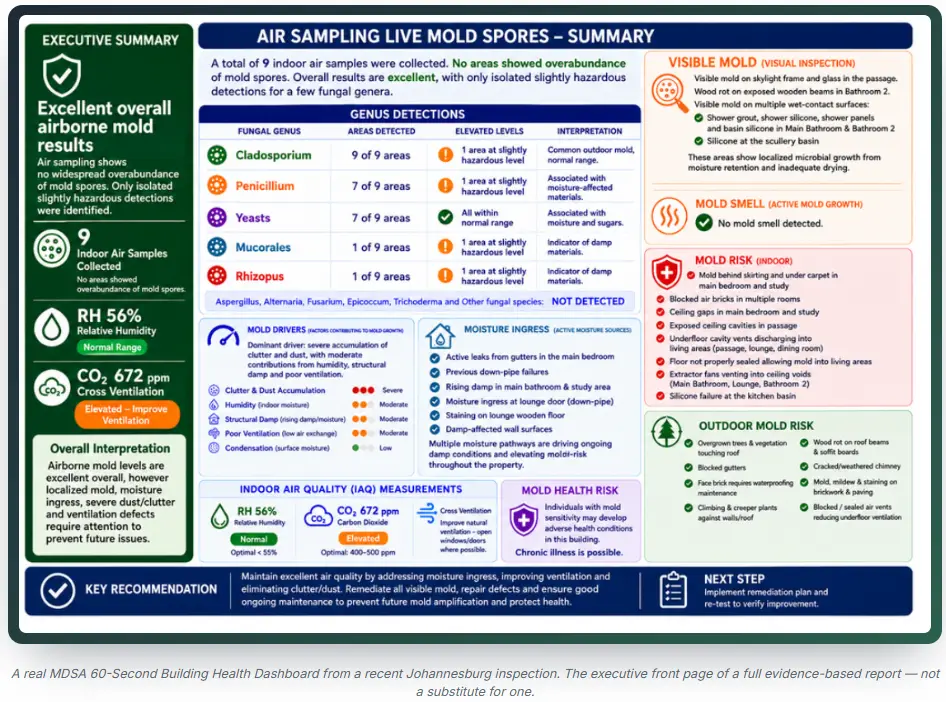 A real MDSA 60-Second Building Health Dashboard from a recent inspection — the executive front page of a full evidence-based mould and indoor air quality report