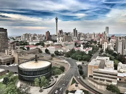 Aerial view of the Johannesburg skyline featuring the Hillbrow Tower