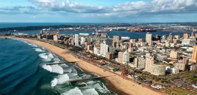 Aerial view of the Durban beachfront, harbour and city skyline on the KwaZulu-Natal coast