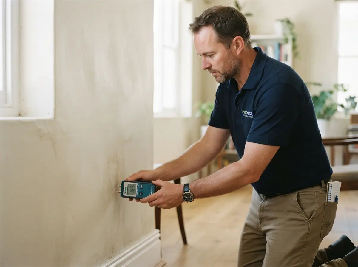 Professional mold inspector taking a calibrated moisture reading in a Pretoria home