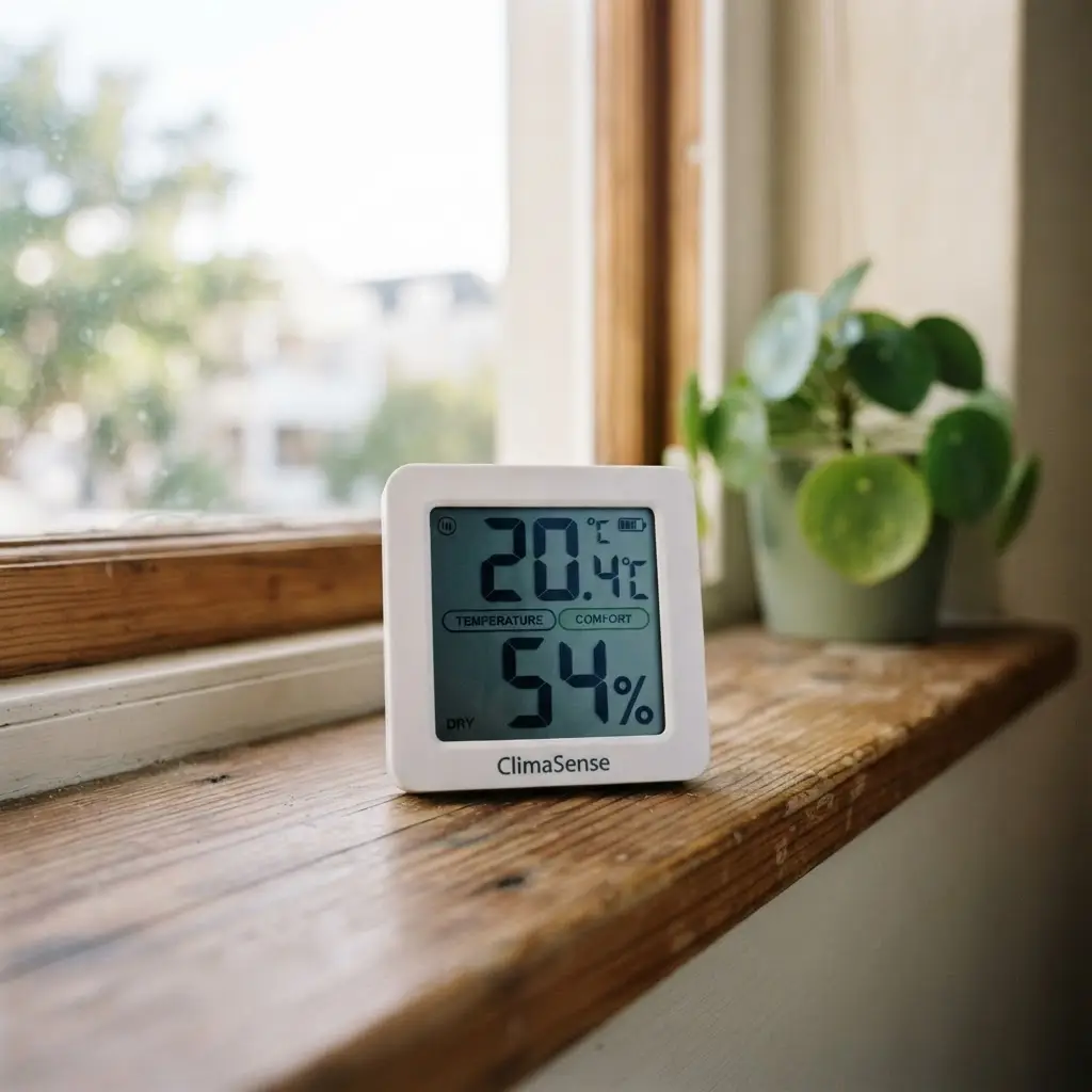 Digital hygrometer reading in a Pretoria home interior