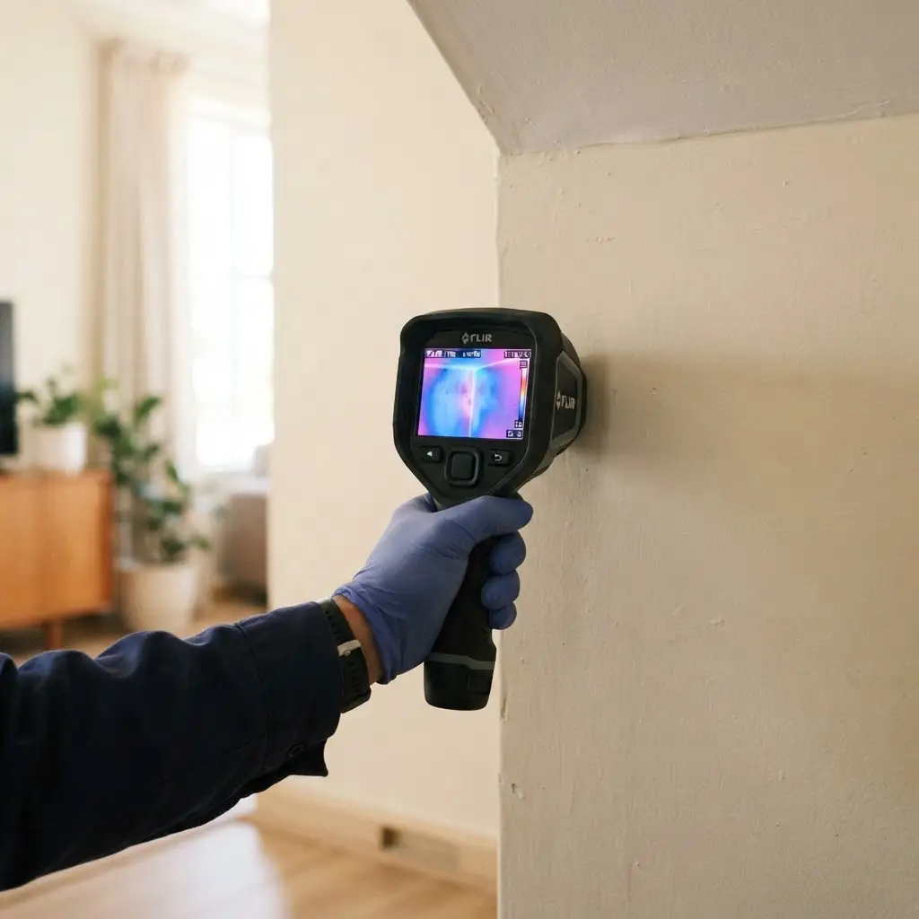 Inspector using a thermal imaging camera against a Pretoria home wall