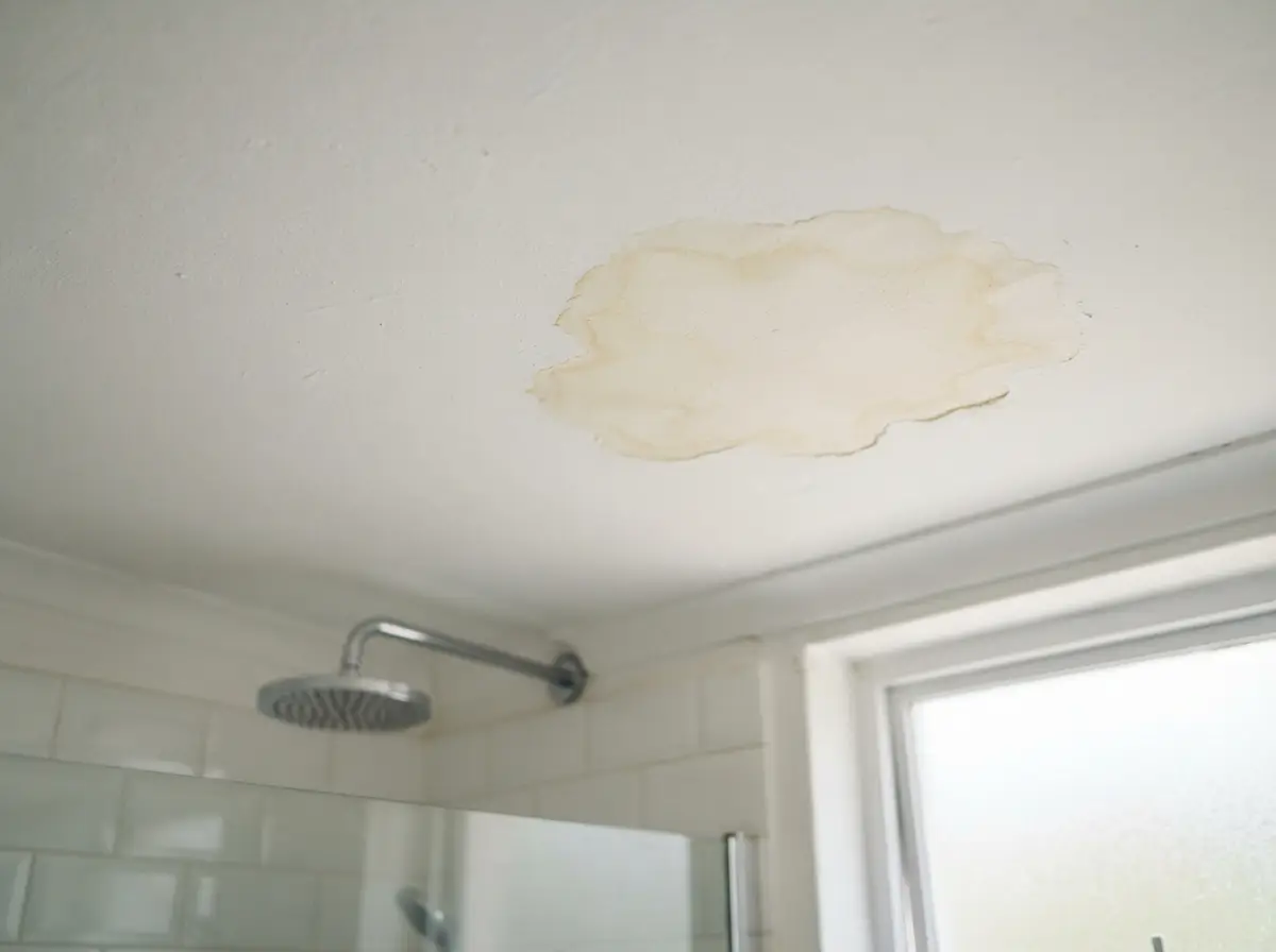 A soft yellow-brown water stain on a bathroom ceiling