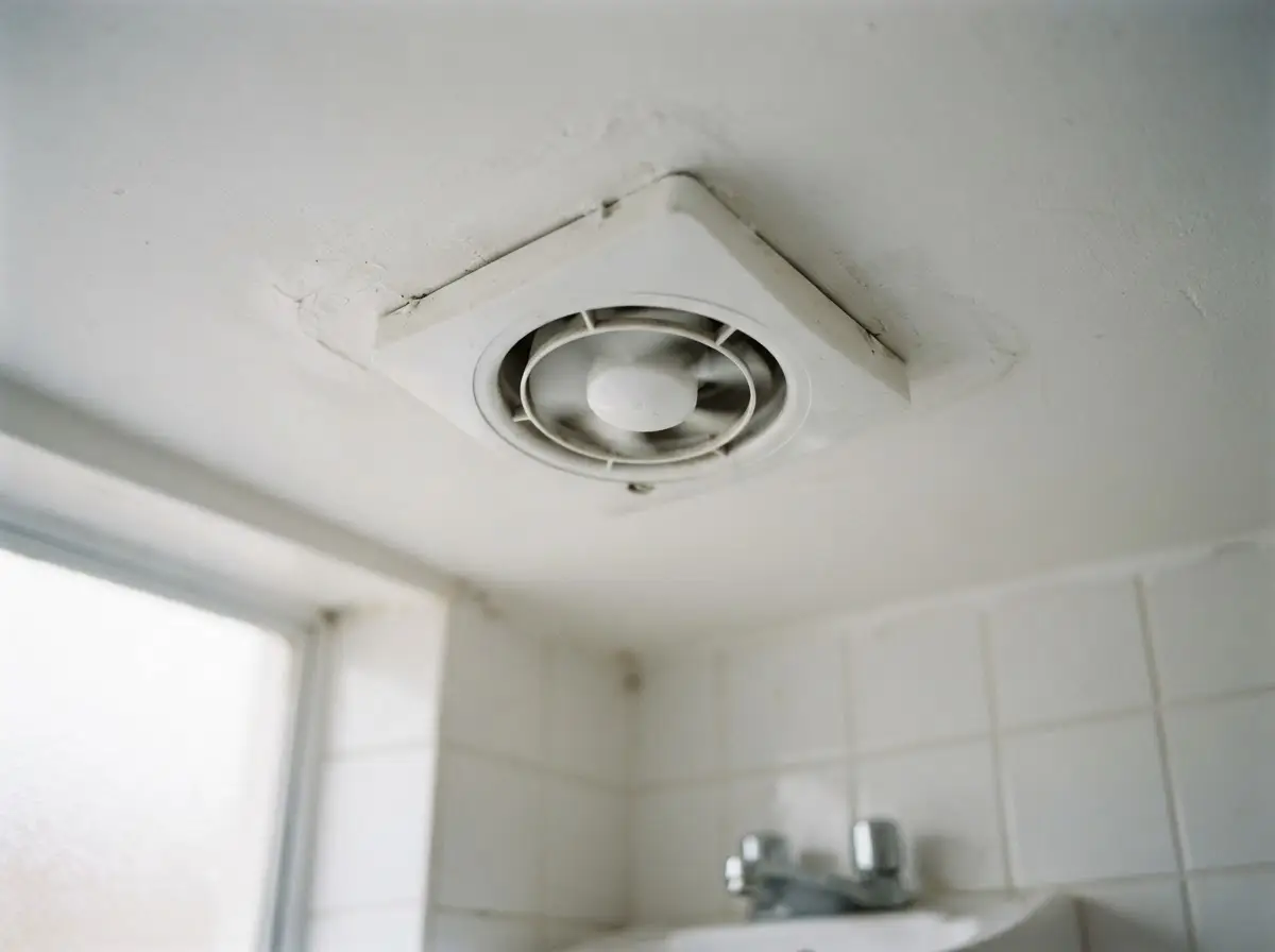 A white bathroom extractor fan in a Pretoria ceiling