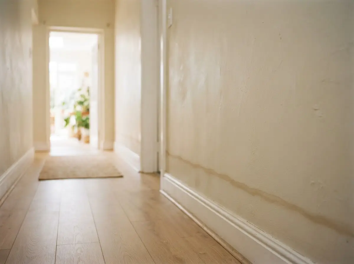 A damp tide-mark on a Pretoria interior hallway wall