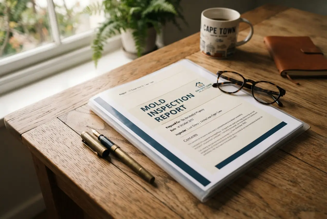 A professional mold inspection report on a wooden desk in a Pretoria home