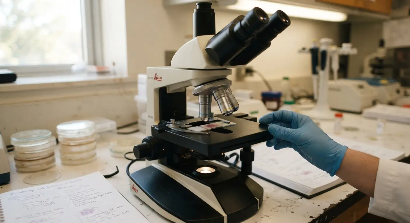 Laboratory microscope examining a sample slide