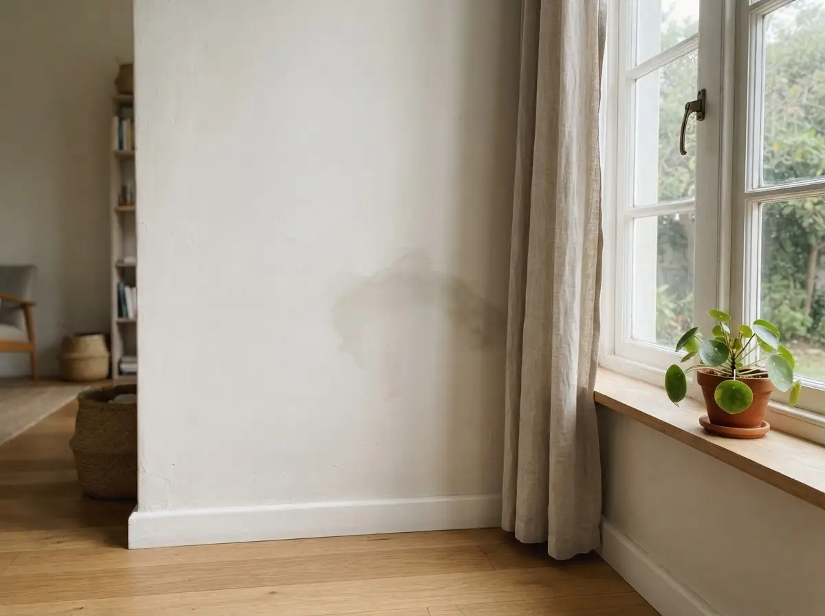 Documentary photograph of a faint moisture stain on a painted Pretoria home wall