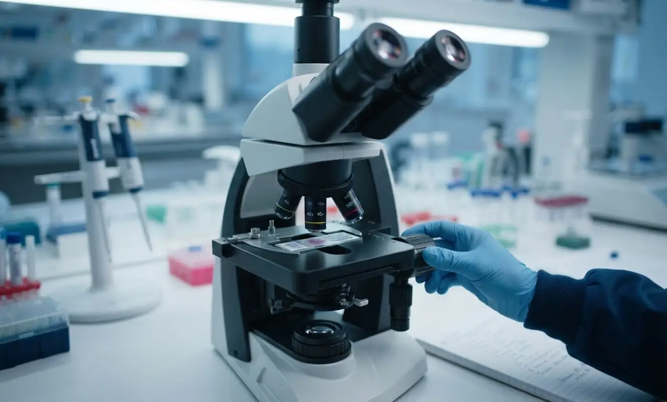 Laboratory microscope examining a sample slide for genus identification